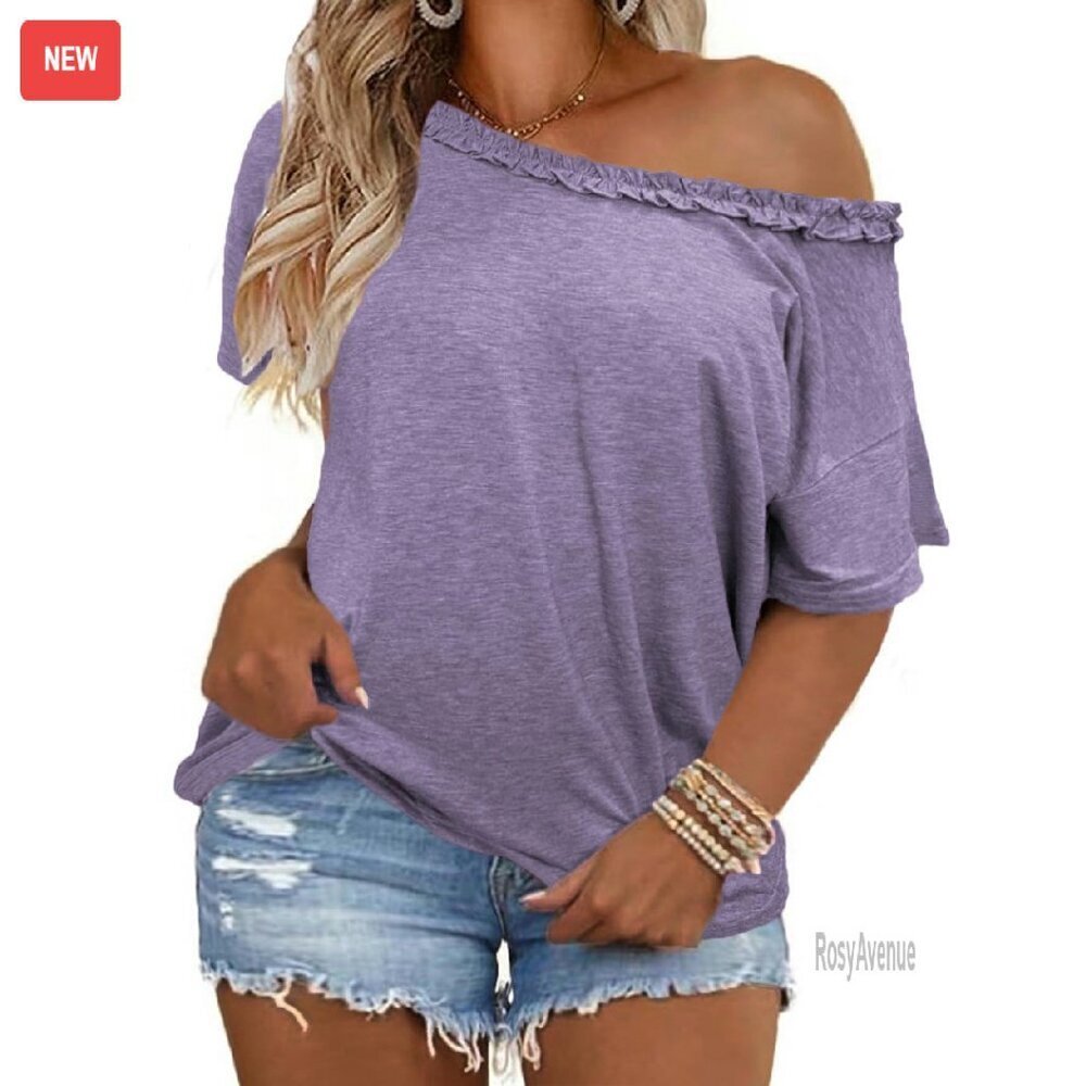 Plus Size One-Shoulder T-Shirt Loose Fit Rayon Blend Summer Top